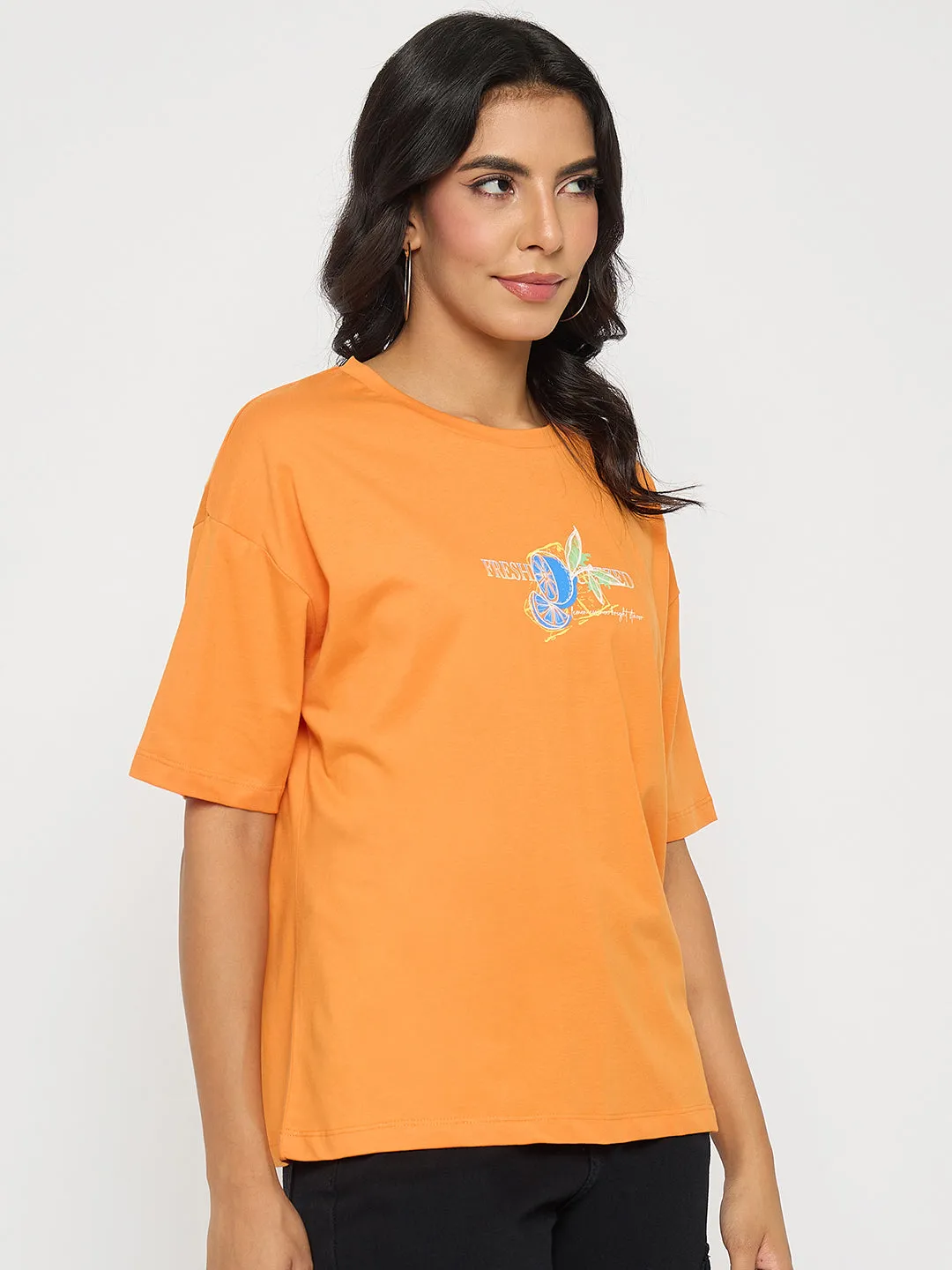 Madame Front and Back Graphic Print Orange Cotton T-Shirt Everyday Look Basic Wear