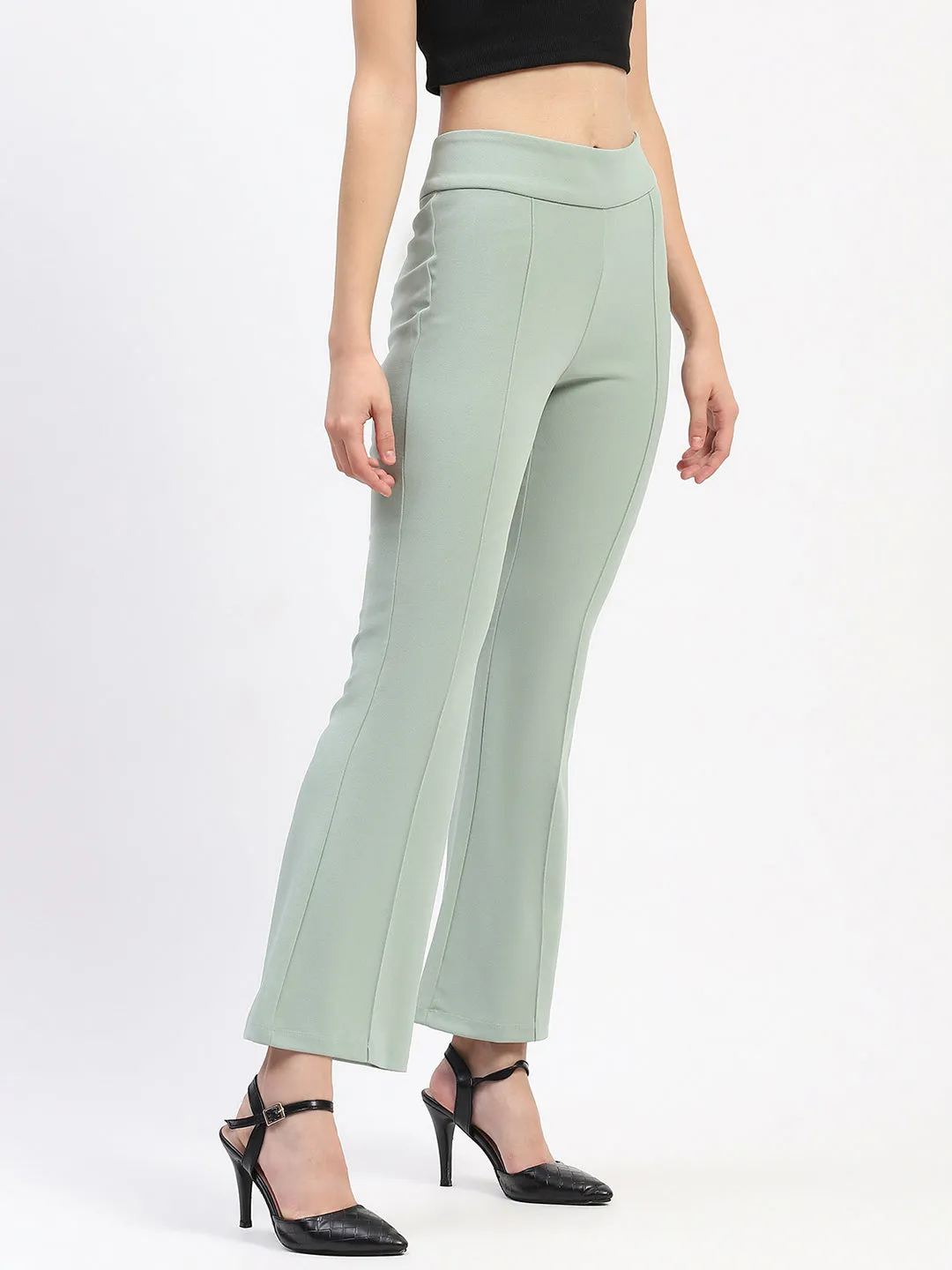 Madame Pleated Elasticated Waist Solid Moss Green Trousers Ultra Soft Zip-off legs