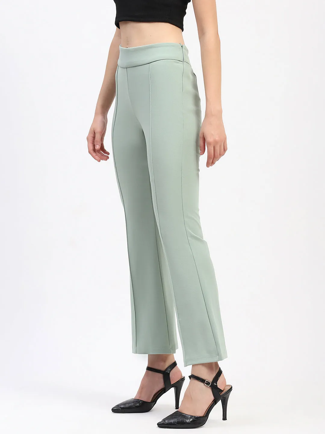 Madame Pleated Elasticated Waist Solid Moss Green Trousers Tear Resistant Weave