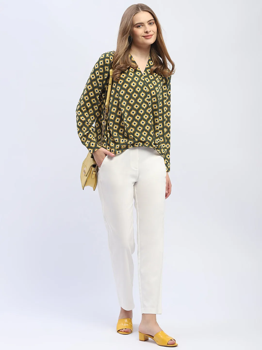 Madame Geometric Print Mustard Yellow Regular Top Formal Wear MultiPocketDesign