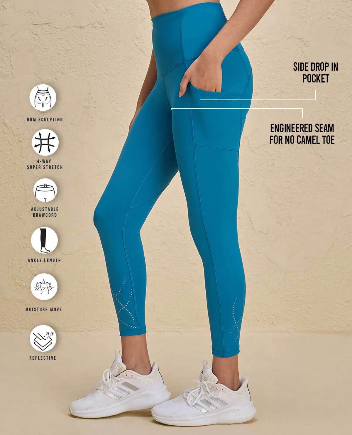 Nykd By Nykaa High Rise Legging with Reflective Print -NYK299-Teal Flat Seams