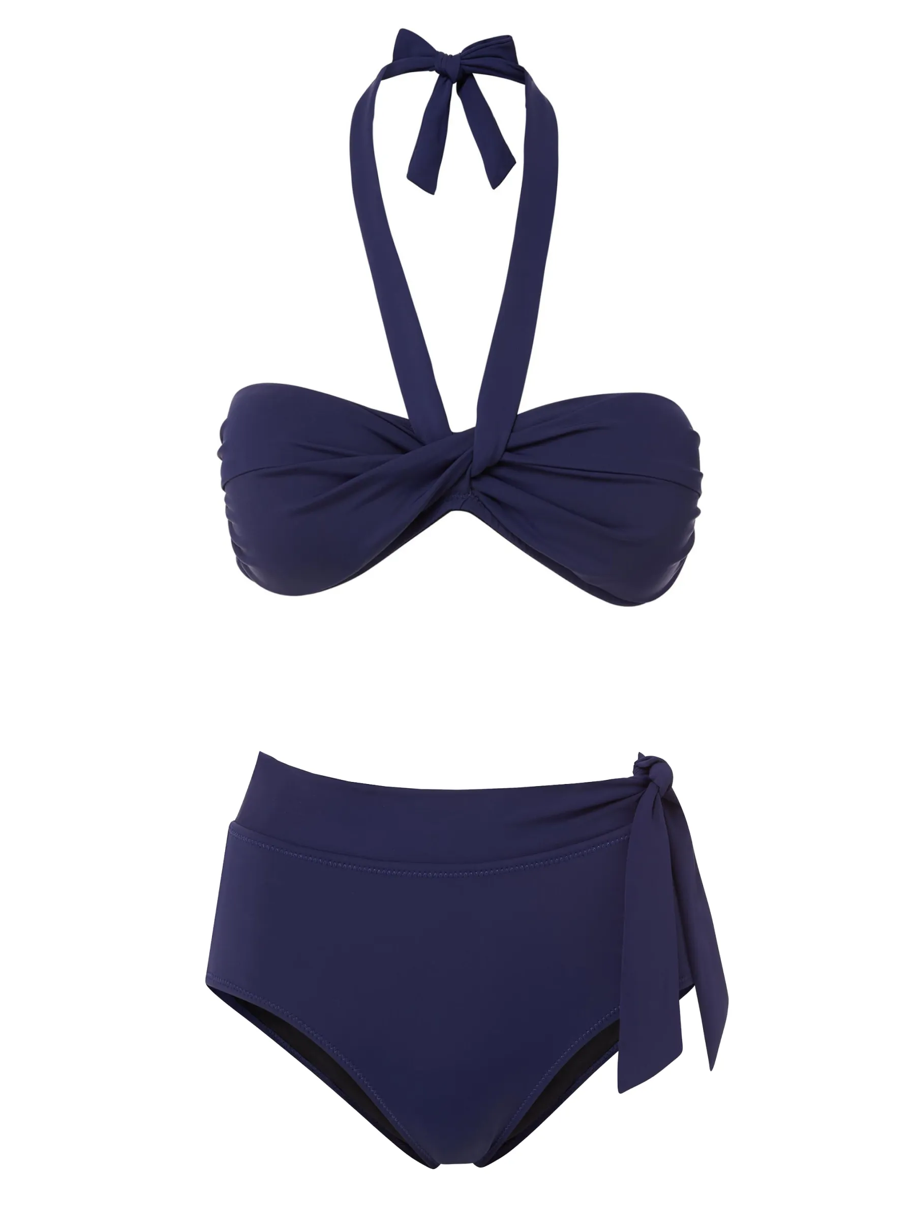 Reinforced Side Panels Neutral Tone Compatibility Loryn Top   Side Tie High Waist Bottom in Navy Satin
