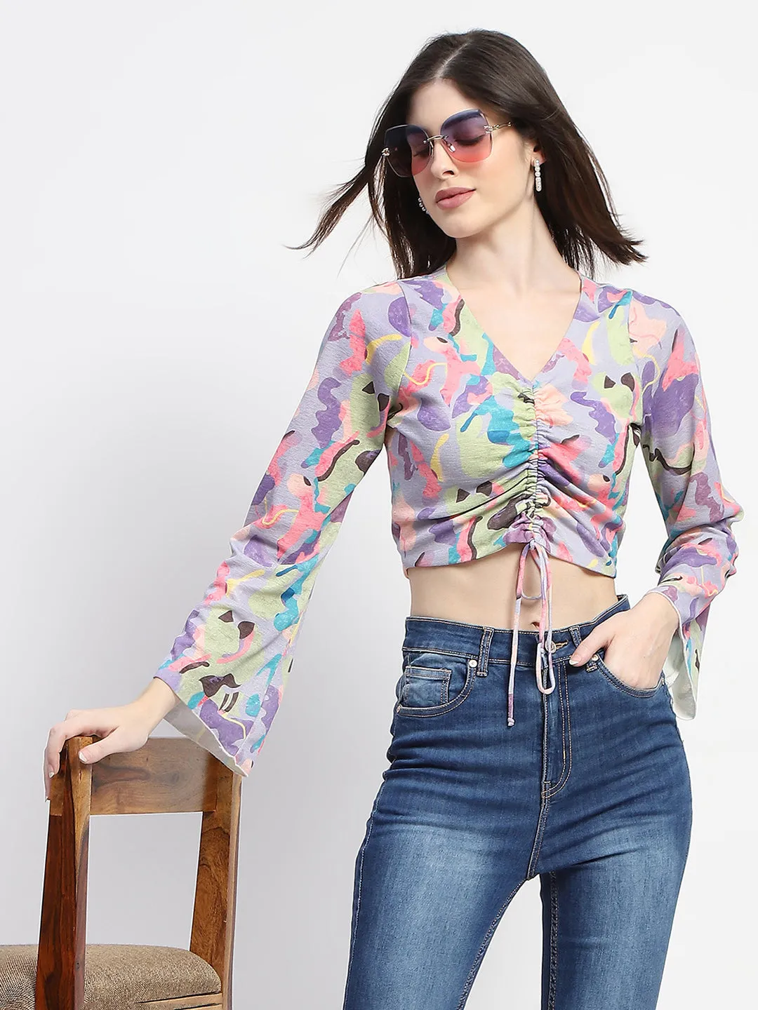 Madame Ruched Abstract Print Bell Sleeves Lilac Crop Top Activewear Clothing