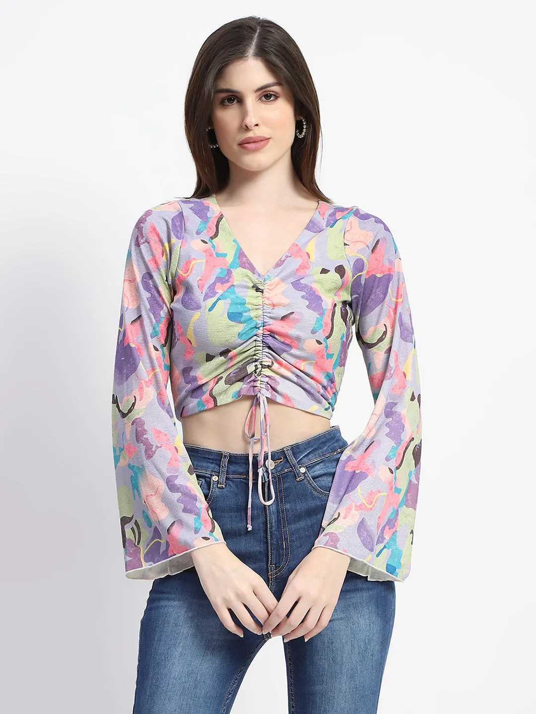 Madame Ruched Abstract Print Bell Sleeves Lilac Crop Top Boho Free AntiSlip Grip