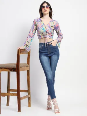 Thermal Insulation Madame Ruched Abstract Print Bell Sleeves Lilac Crop Top