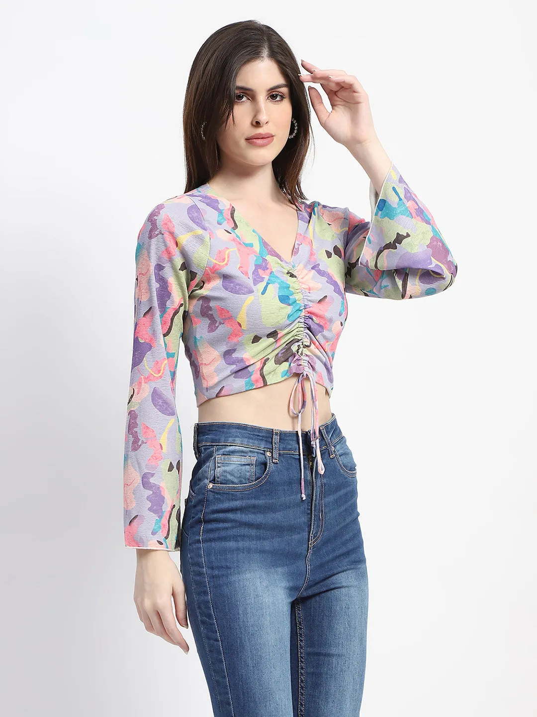 Madame Ruched Abstract Print Bell Sleeves Lilac Crop Top AbrasionFree Edging