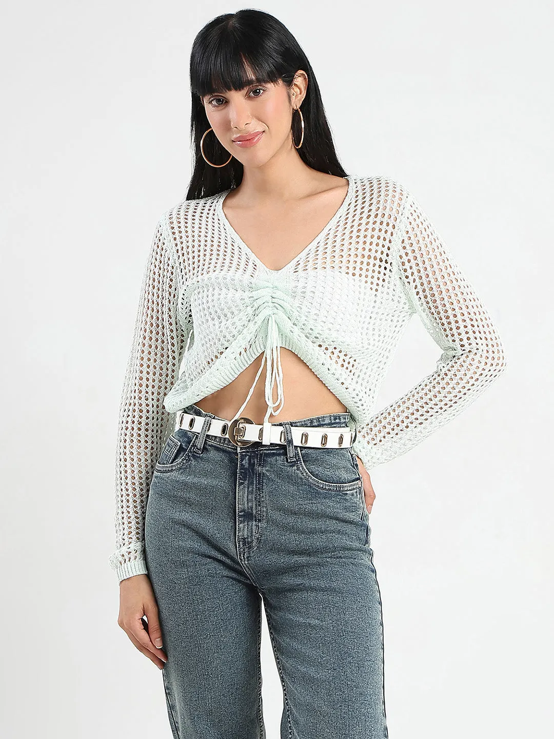 Madame Semi Sheer Drawstring Mint Green Knitted Crop Top American Ease