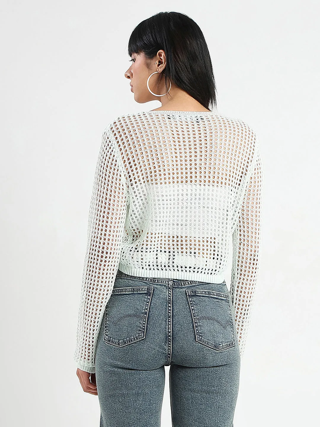 Madame Semi Sheer Drawstring Mint Green Knitted Crop Top Easy Cool