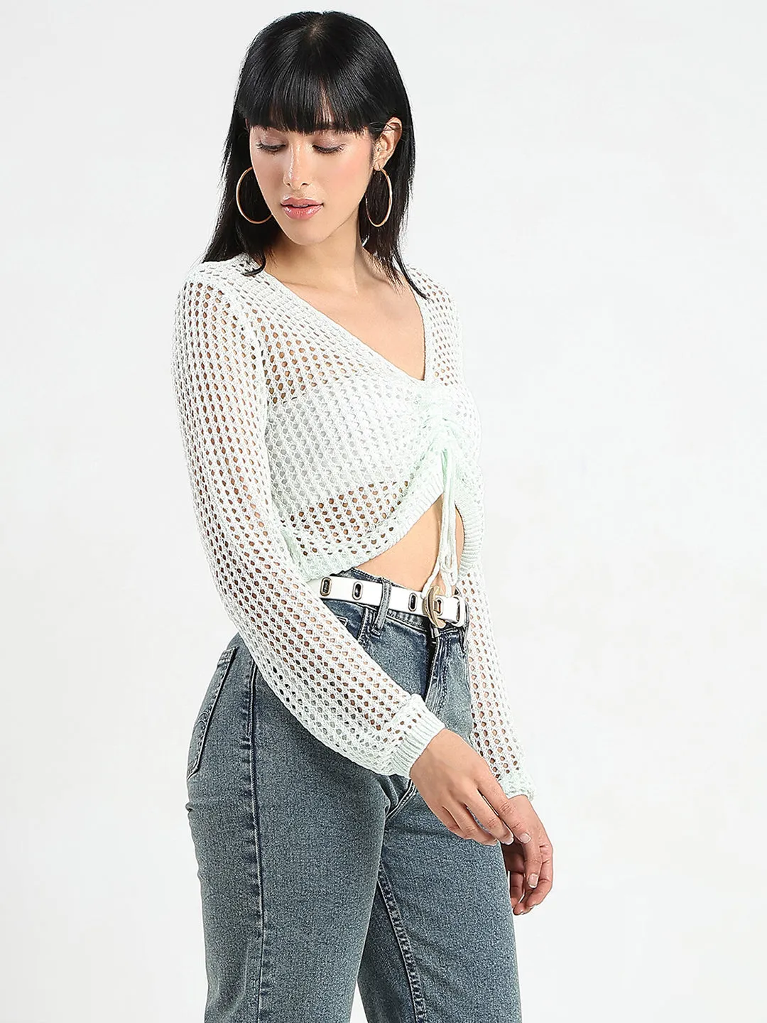 UVProtection Madame Semi Sheer Drawstring Mint Green Knitted Crop Top