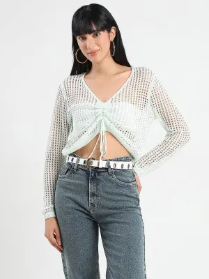 Madame Semi Sheer Drawstring Mint Green Knitted Crop Top American Ease