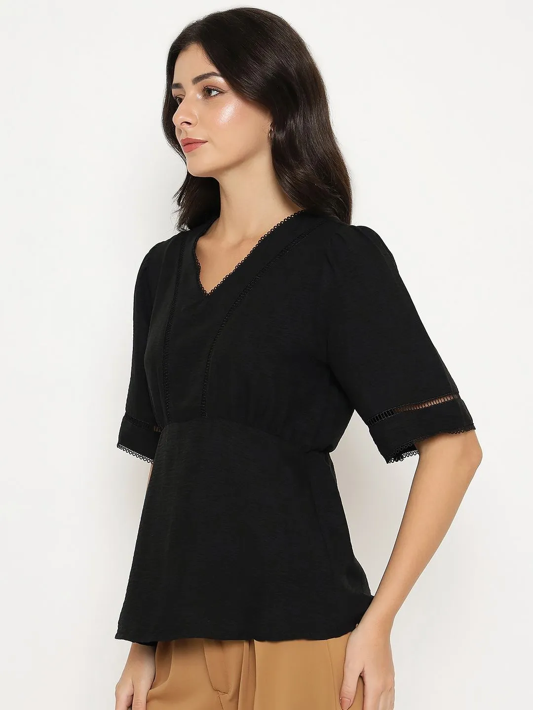 Flexible Joints Madame V Neck Black Peplum Top