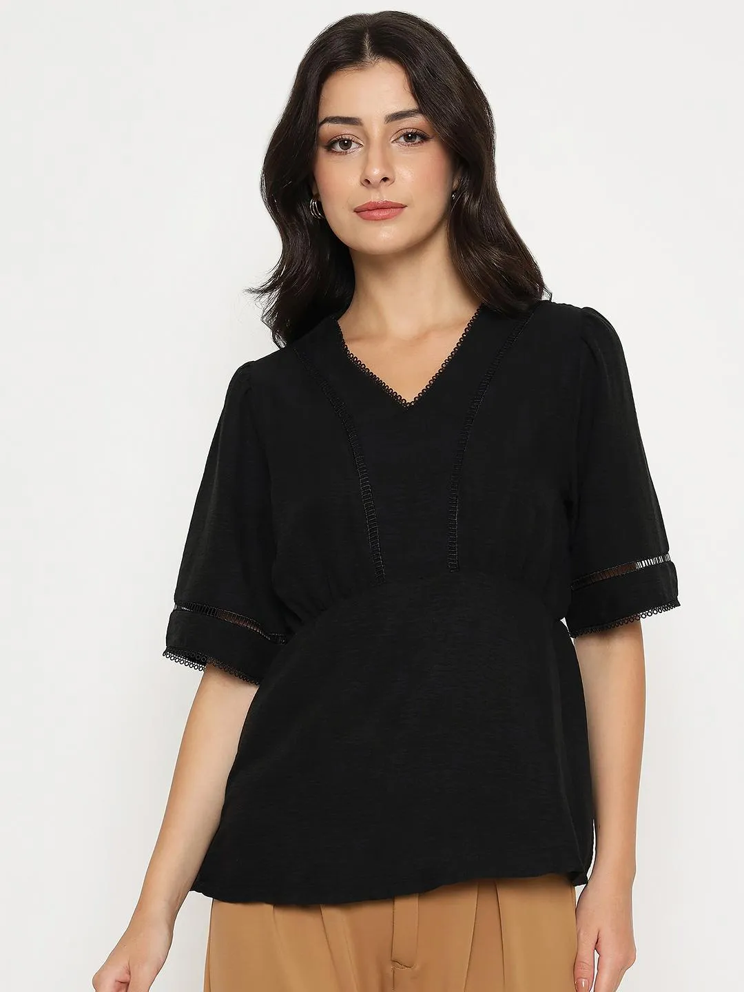 Madame V Neck Black Peplum Top Pure Cotton