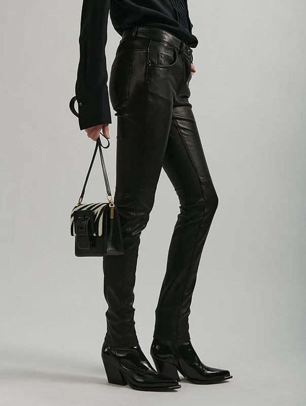 Ripstop Texture Quick-Dry Material Slim-fit pants in black stretch leather