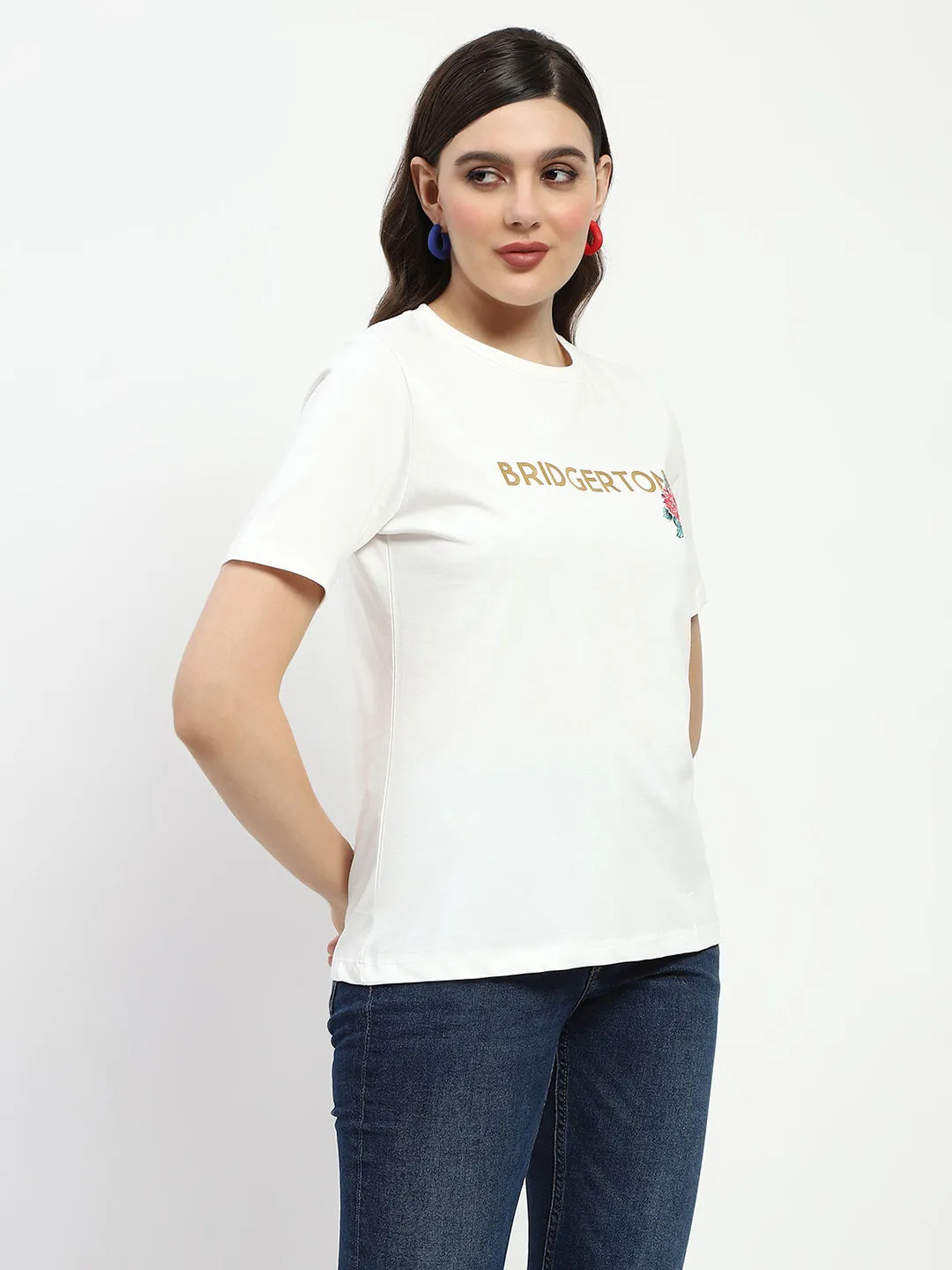 Party fun Madame Bridgerton Embossed Graphics White Cotton T-Shirt