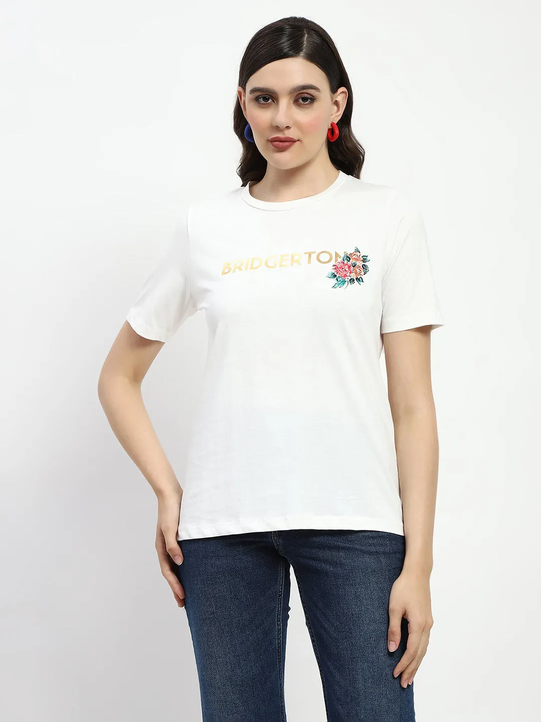 Madame Bridgerton Embossed Graphics White Cotton T-Shirt casual outing EasyCare Fabric
