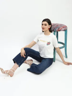 Everyday Style Madame Bridgerton Embossed Graphics White Cotton T-Shirt