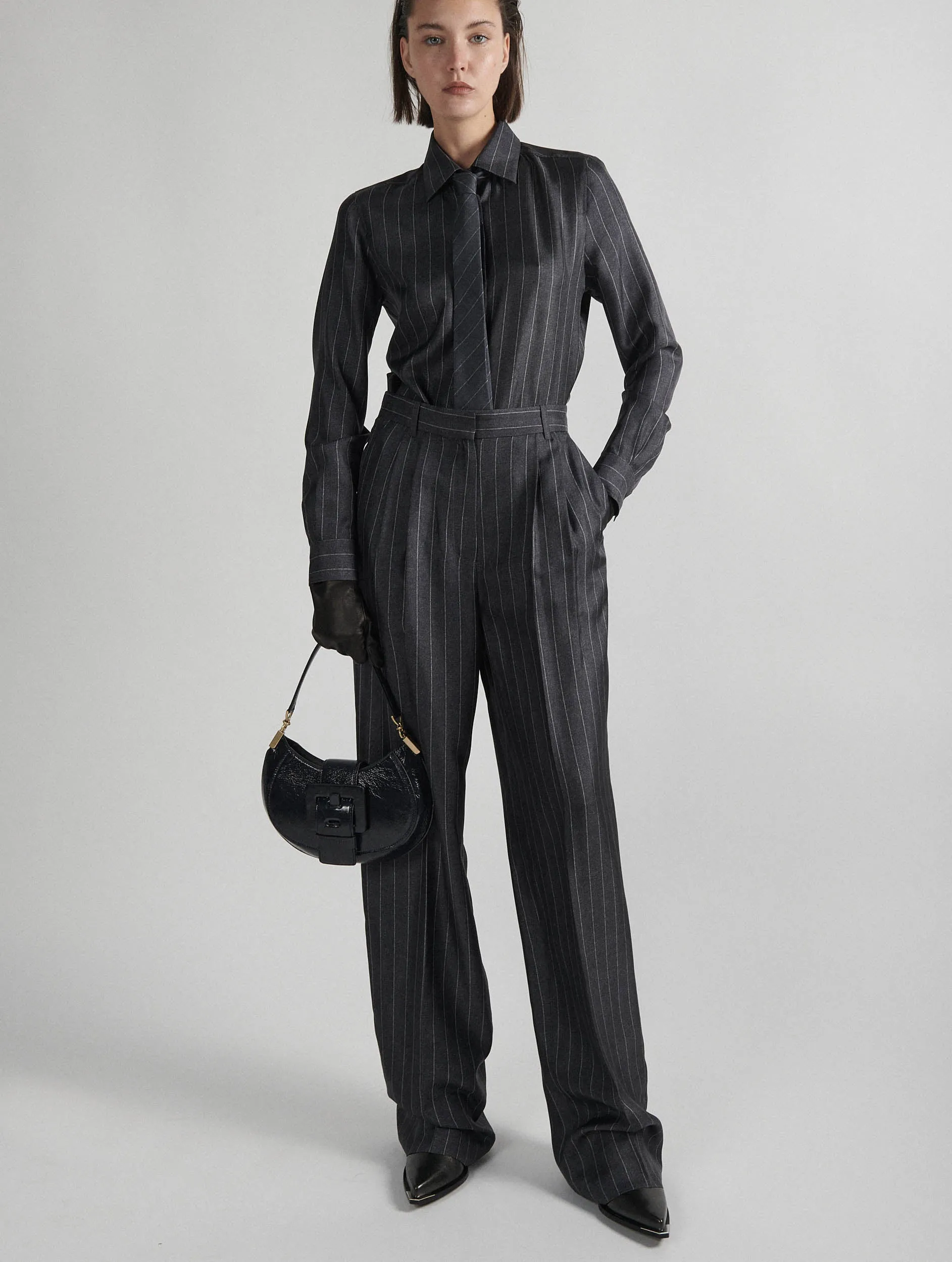 Wrinkle Free Fabric Flat Lock Stitching Wide-leg trousers in striped flannel-print twill