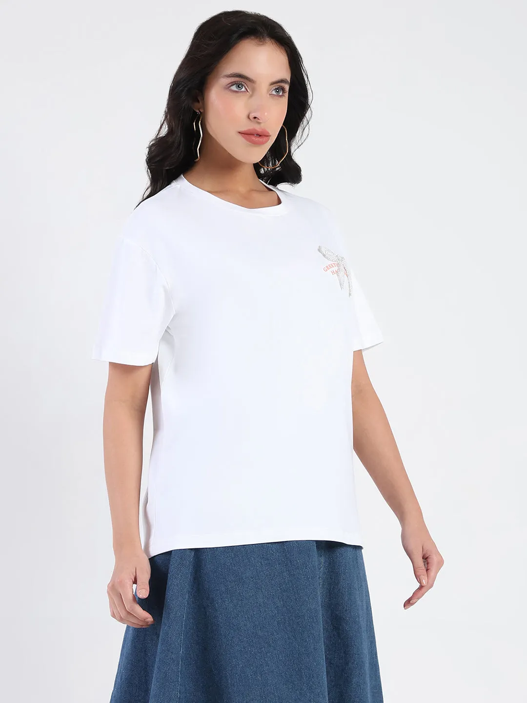 Long sleeved warmth City Look Madame Accessory Patch Detail Graphic Print White T-shirt
