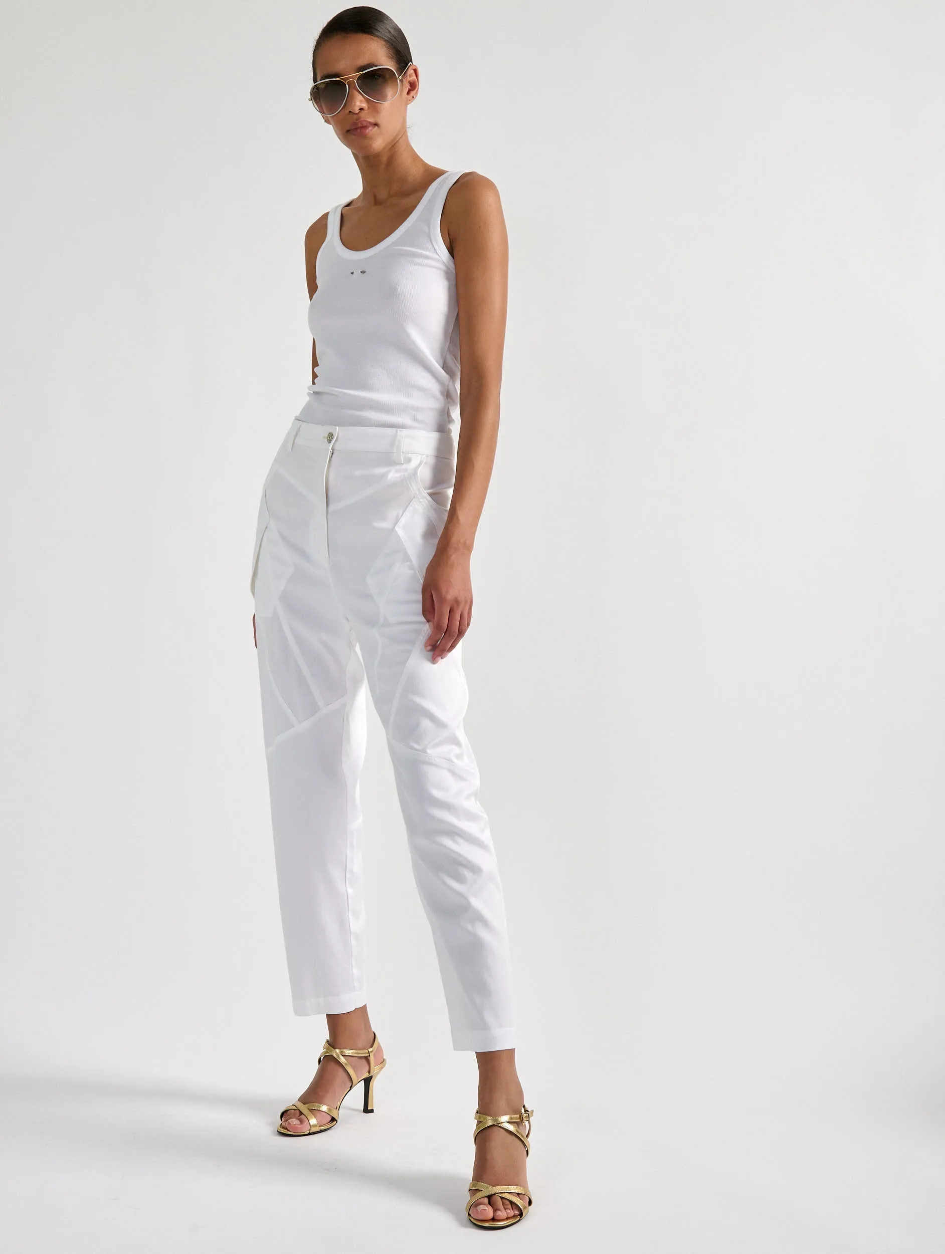 Modular Pocket System Corduroy texture White mercerised satin cargo trousers