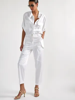 HypoallergenicFabric White mercerised satin cargo trousers