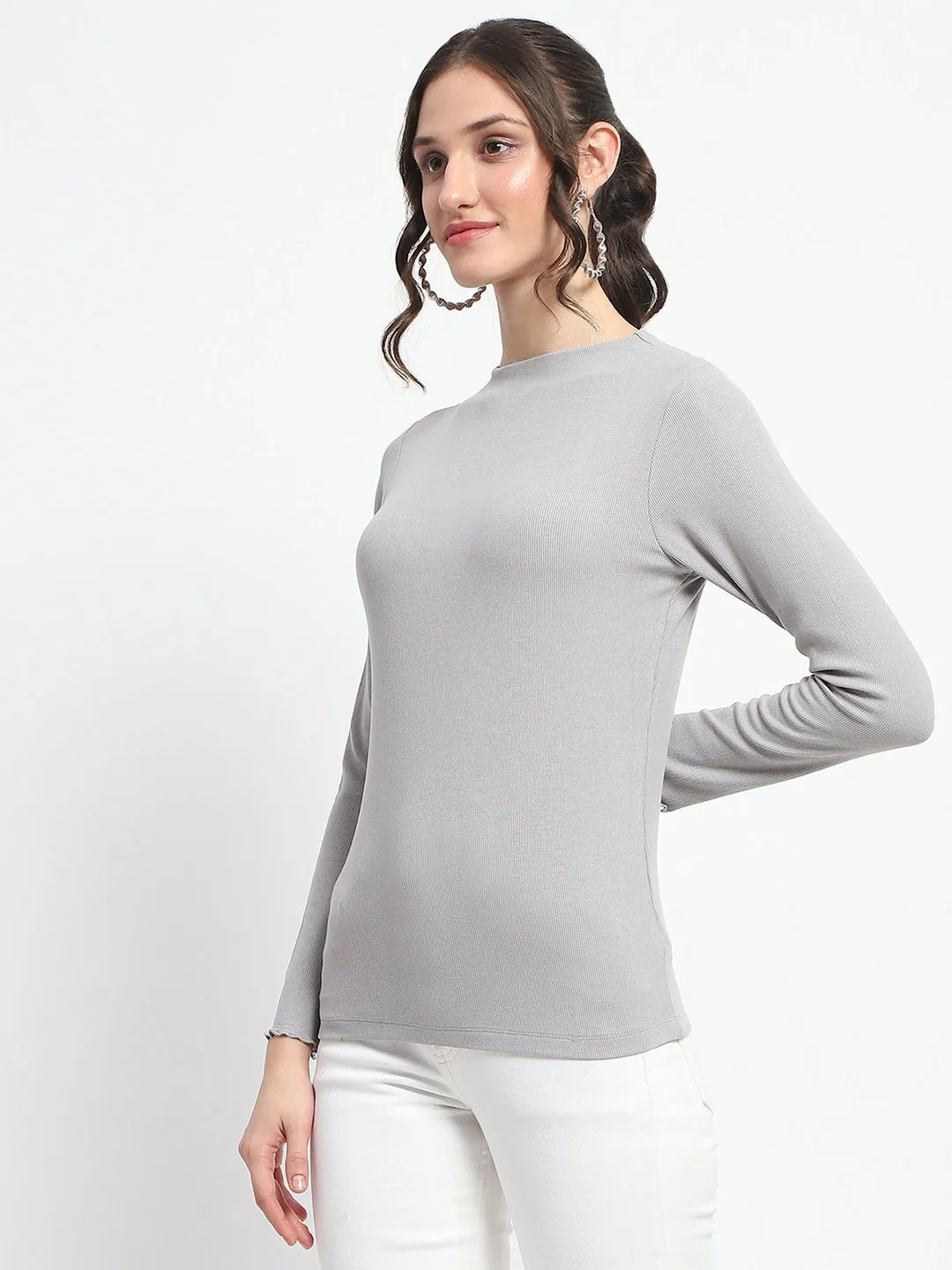 AntiSnag Threading Madame High Neck Full Sleeve Solid Grey Top