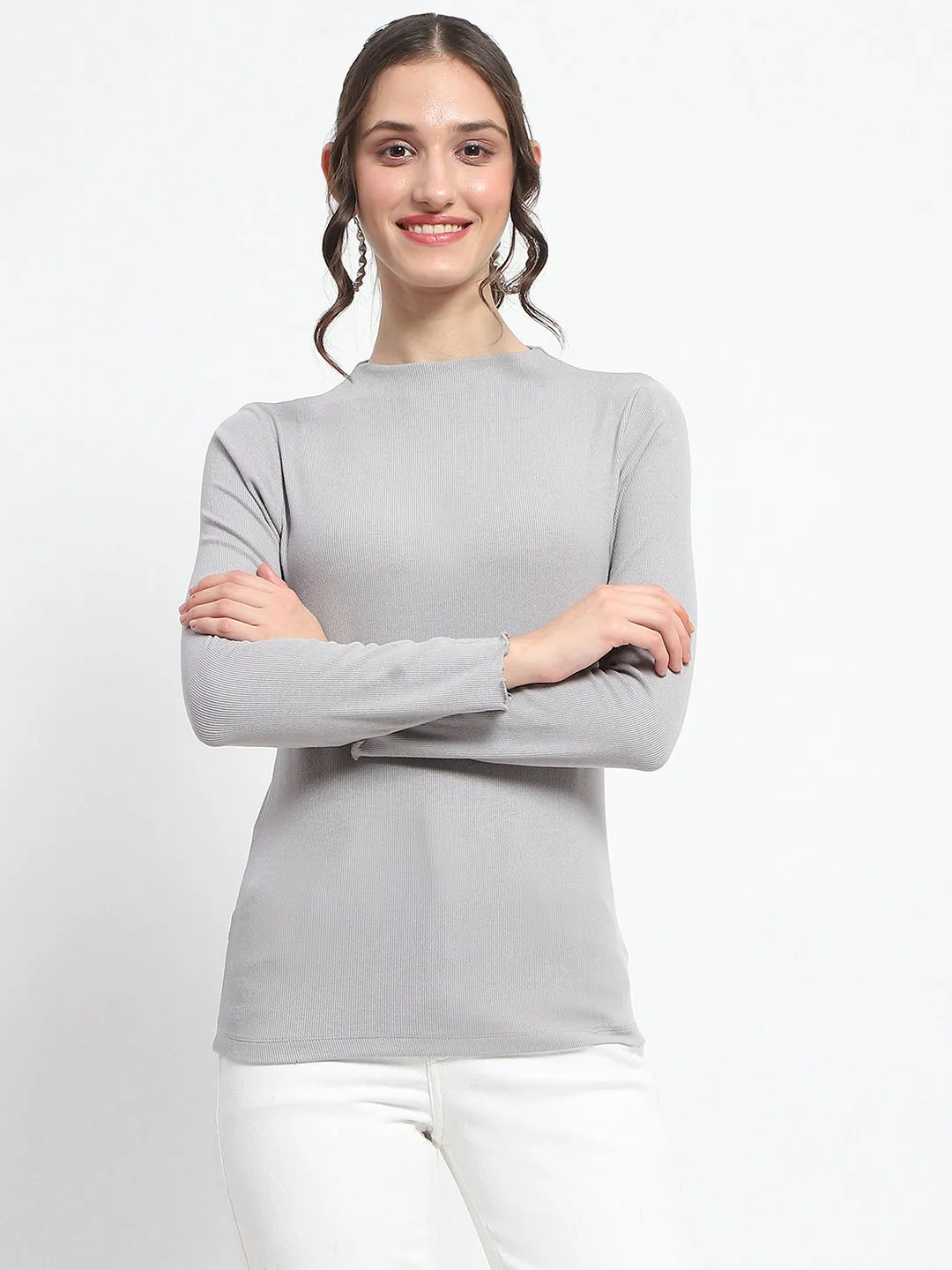 WrinkleResistant Fabric SnagResistant Weave Madame High Neck Full Sleeve Solid Grey Top
