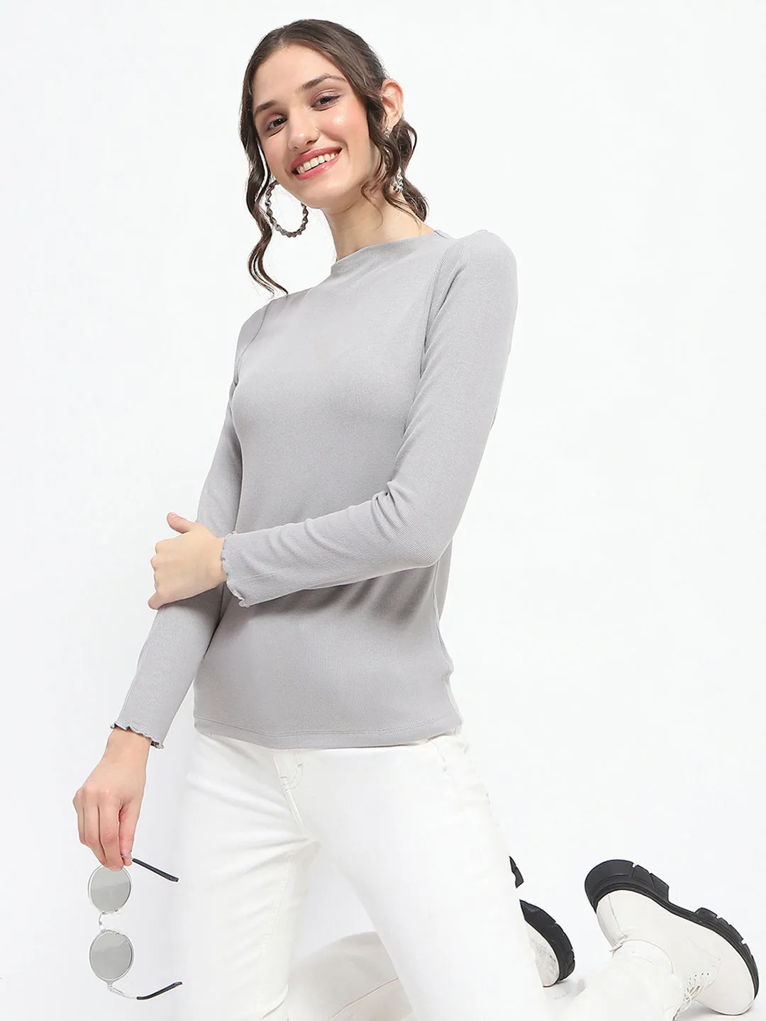 Madame High Neck Full Sleeve Solid Grey Top Opaque Core