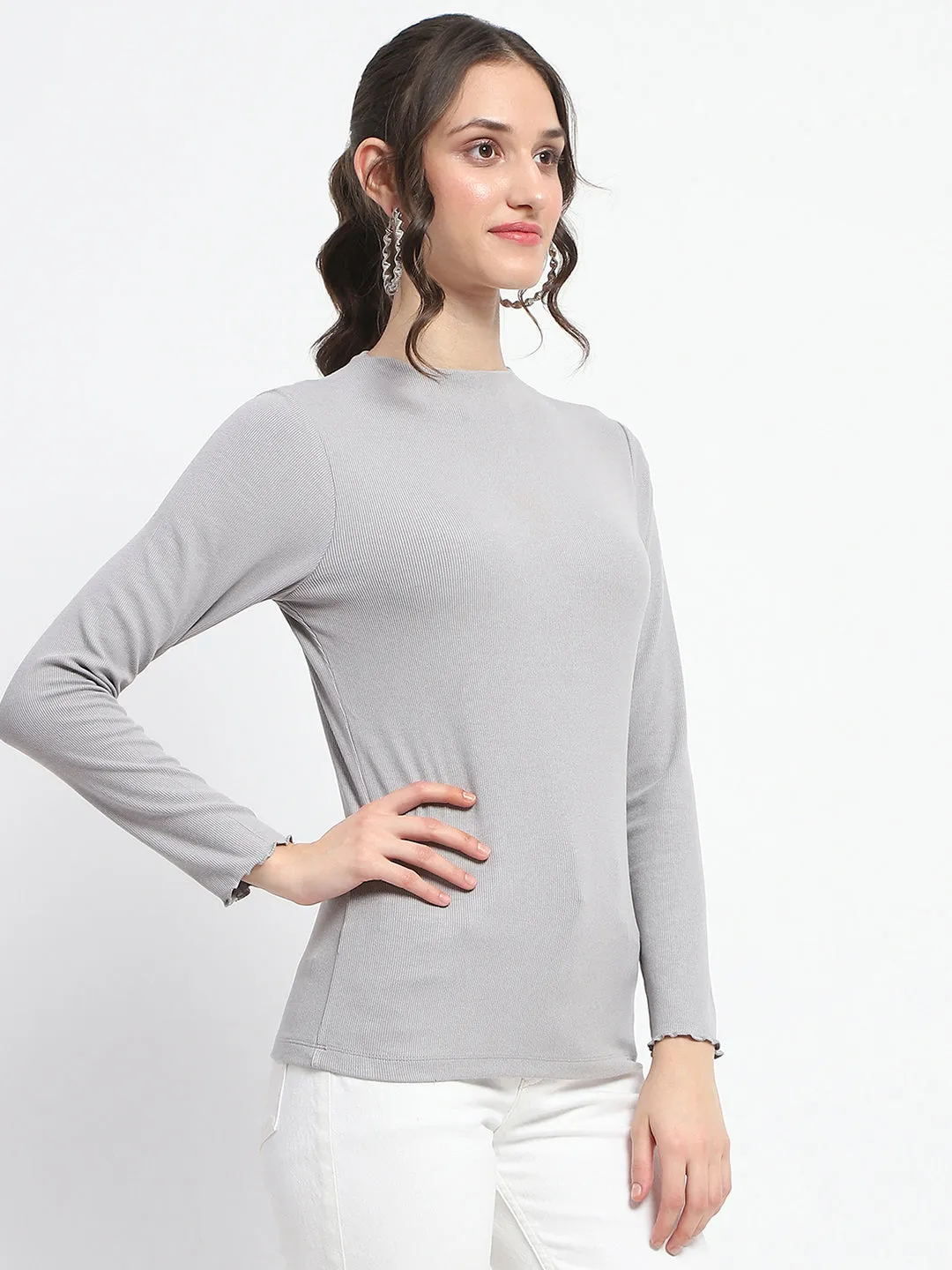Fearless Mode AntiSnagFabric Madame High Neck Full Sleeve Solid Grey Top