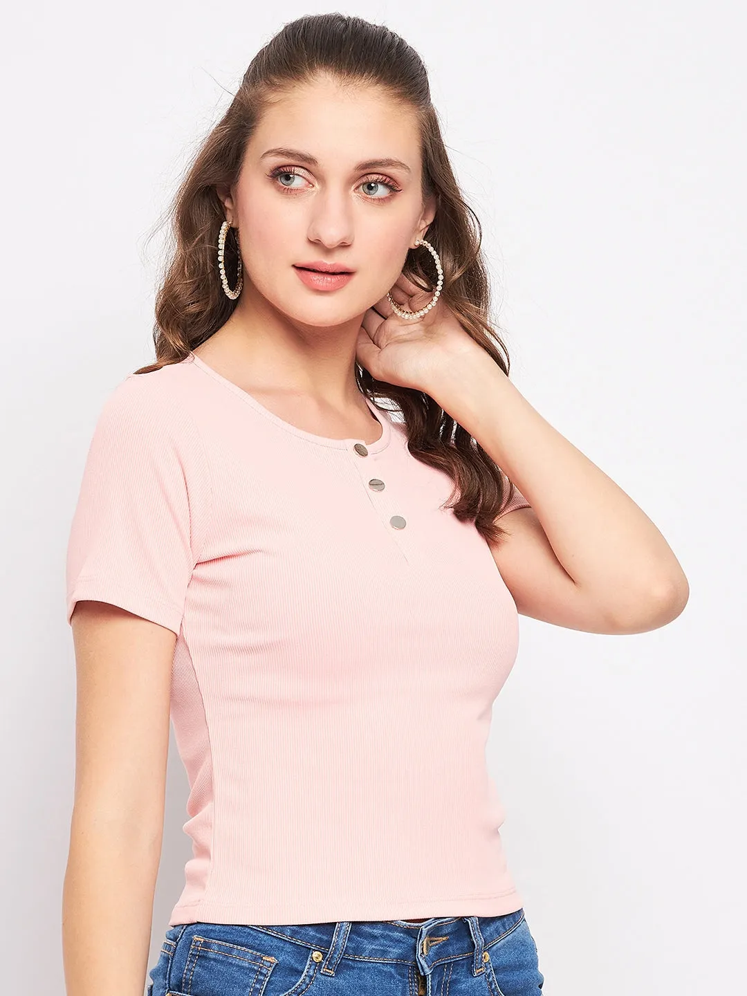 Wide Glow Madame Solid Dusty Pink Round Neck Top