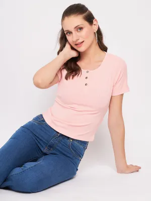 Madame Solid Dusty Pink Round Neck Top Cozy Pajama Set