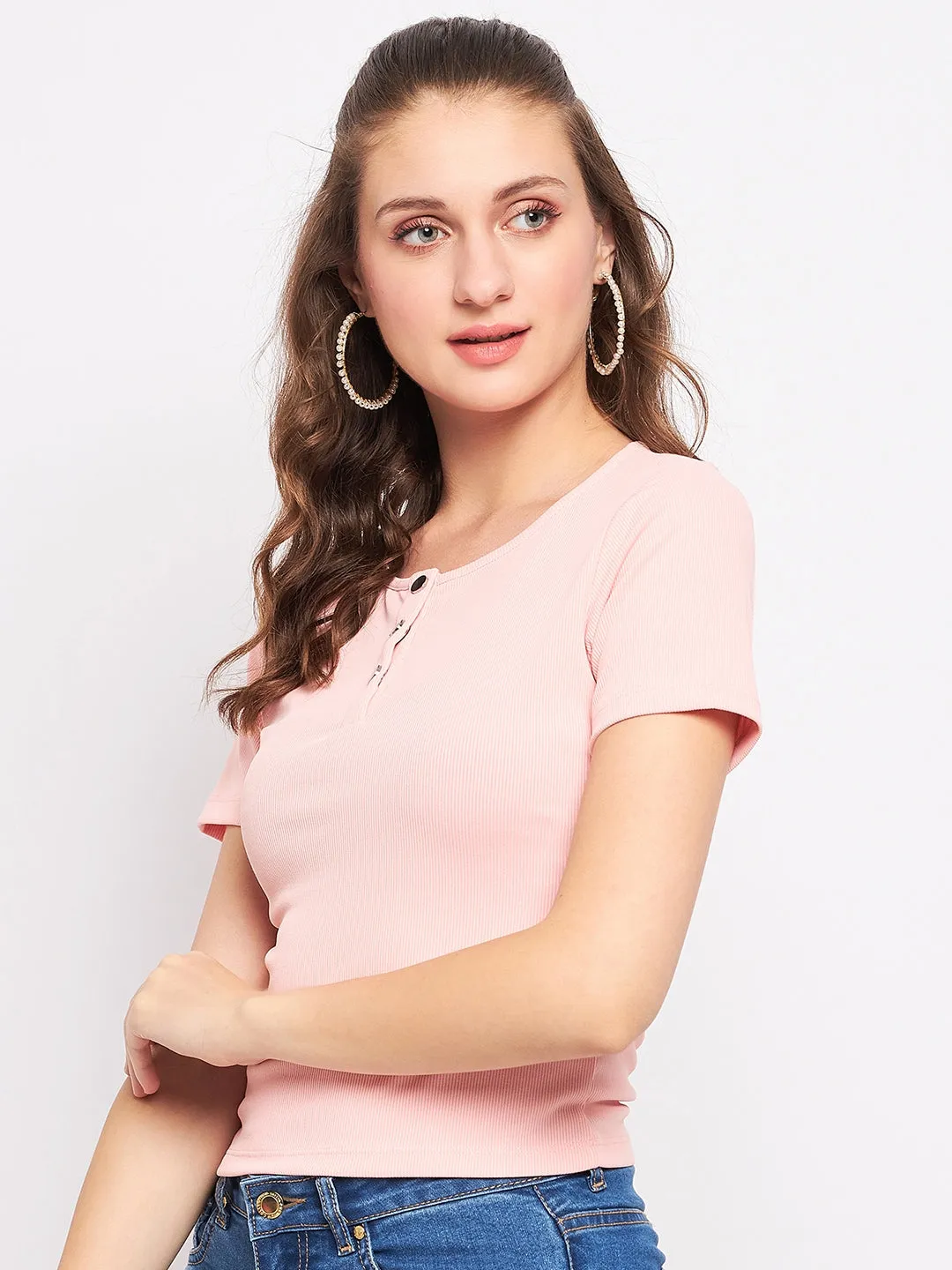 Madame Solid Dusty Pink Round Neck Top Tagless Design NonRestrictiveSilhouette