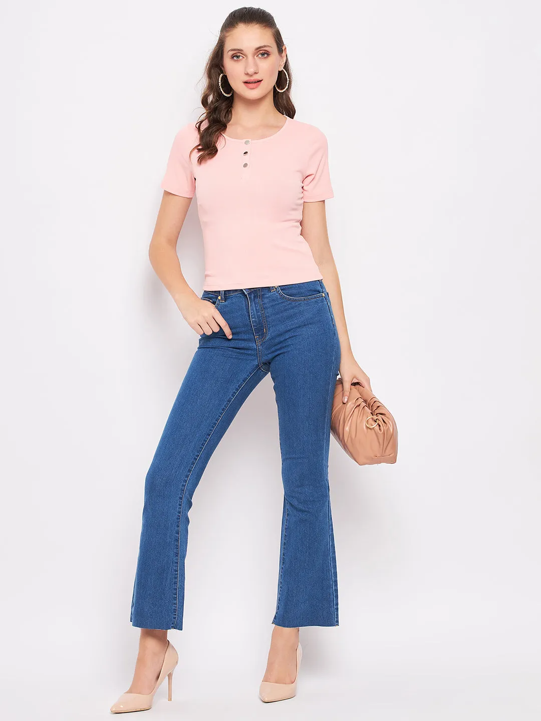 Madame Solid Dusty Pink Round Neck Top Cold Weather Wear