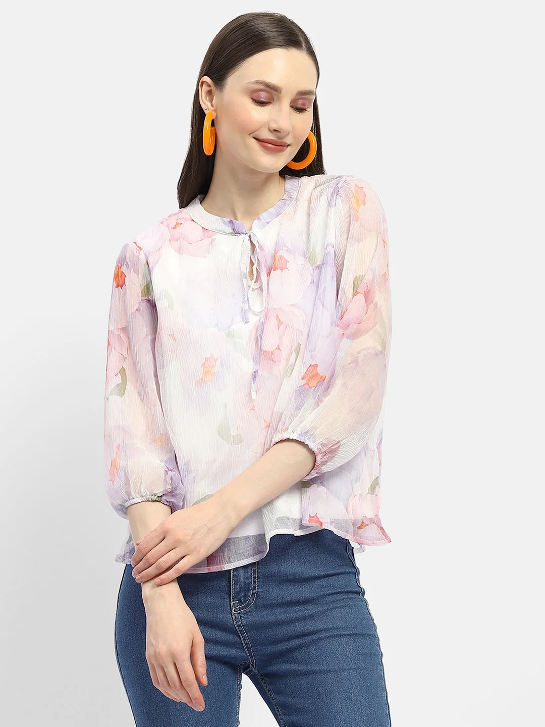 Diamond Soul Madame Tie-Up Neck Off-White Floral Top