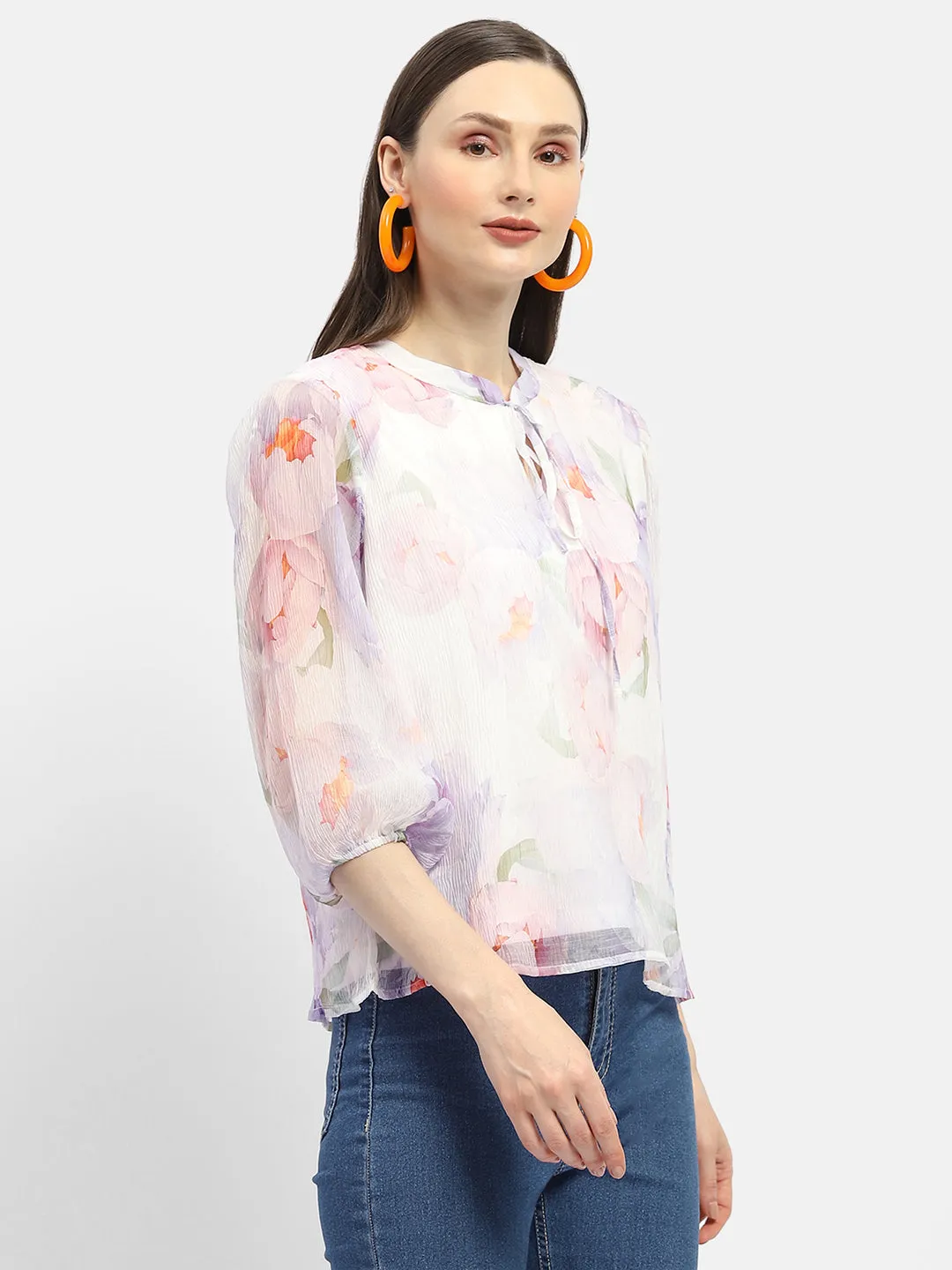 Organic Cotton Madame Tie-Up Neck Off-White Floral Top