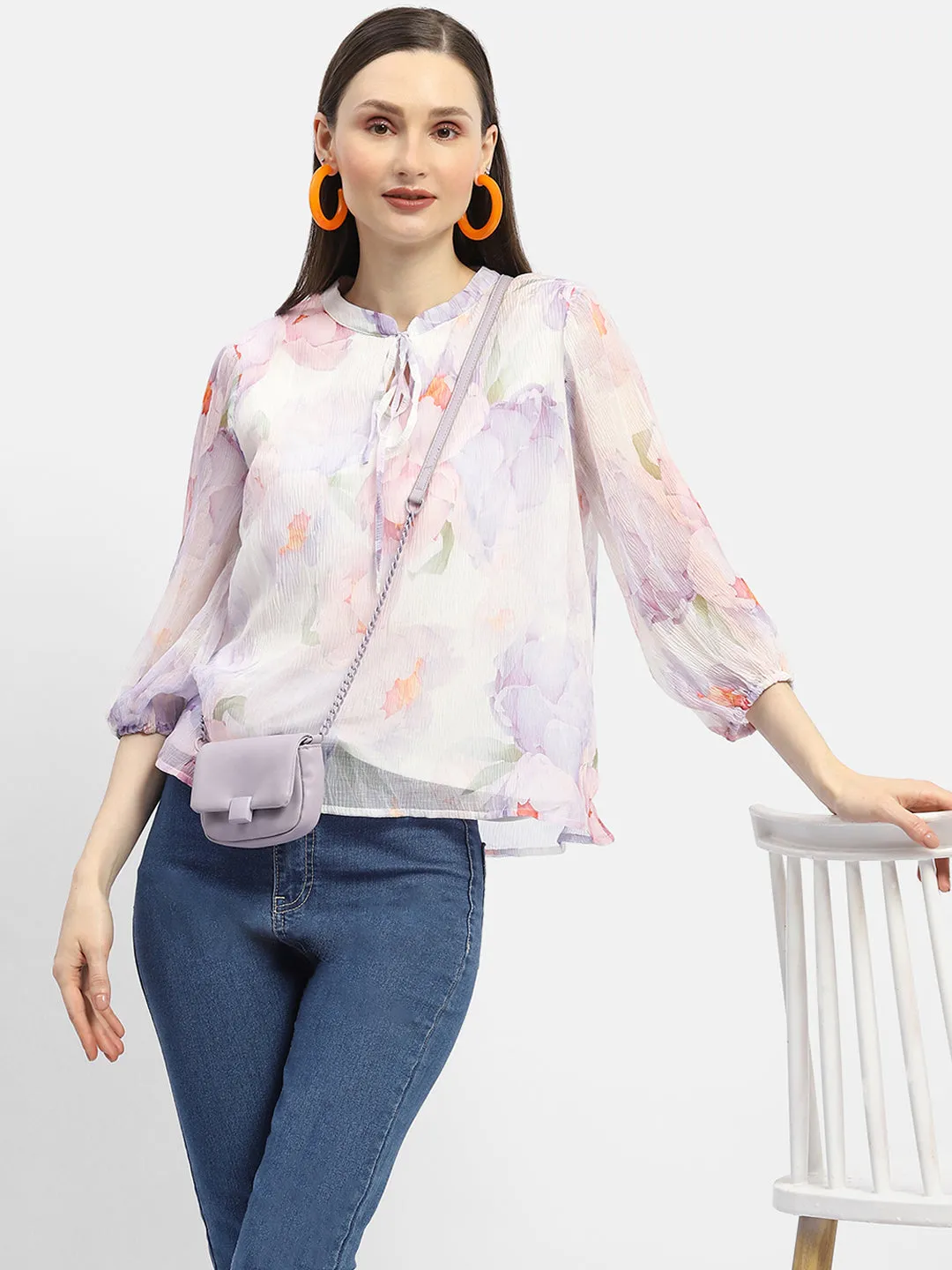 Madame Tie-Up Neck Off-White Floral Top CompressionKnit QuickPackable Design