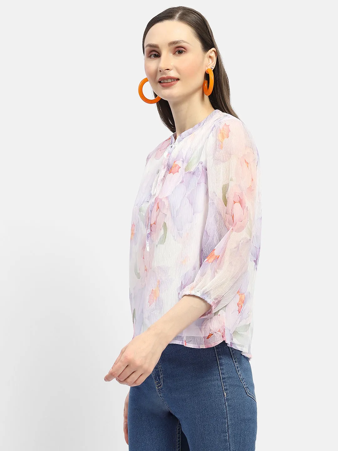 Relaxed T-shirt Madame Tie-Up Neck Off-White Floral Top