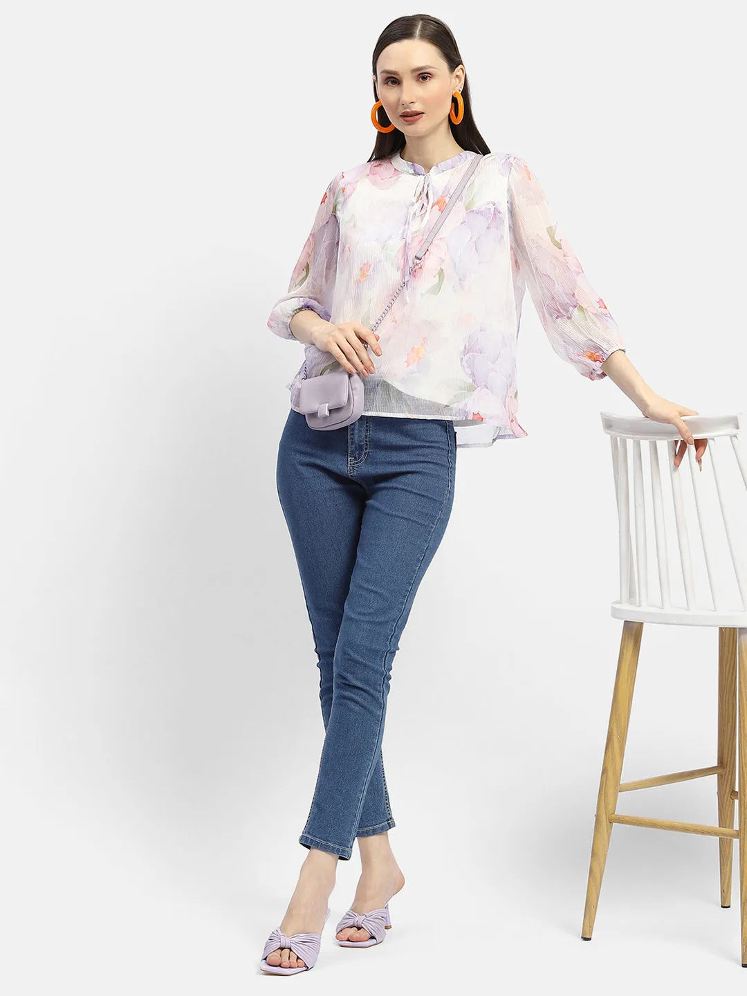 Madame Tie-Up Neck Off-White Floral Top UniversalFit Run Glow
