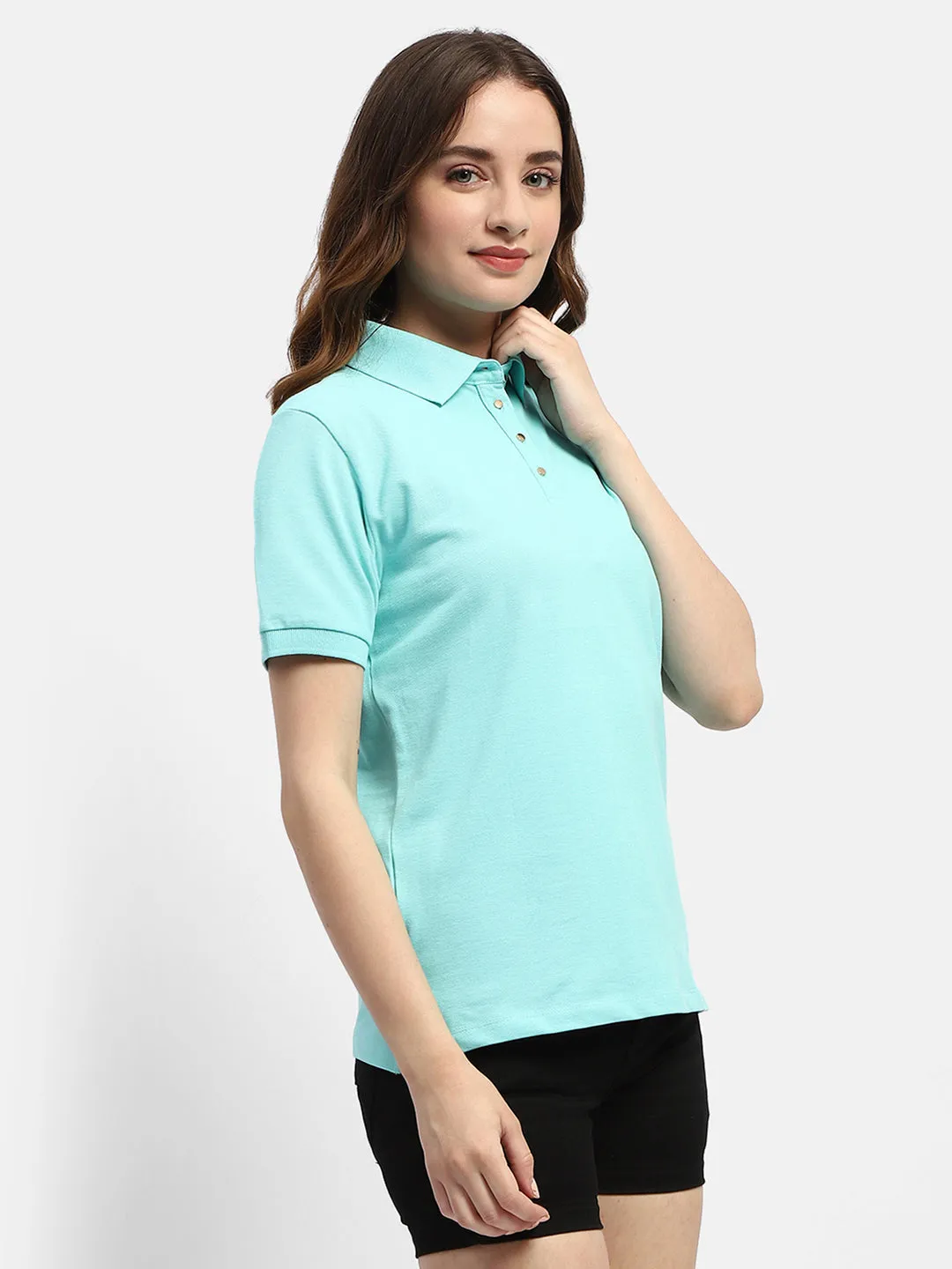 Chafe Free Armhole Soft Fit Wear Madame Solid Aqua Blue Polo Neck T-Shirt