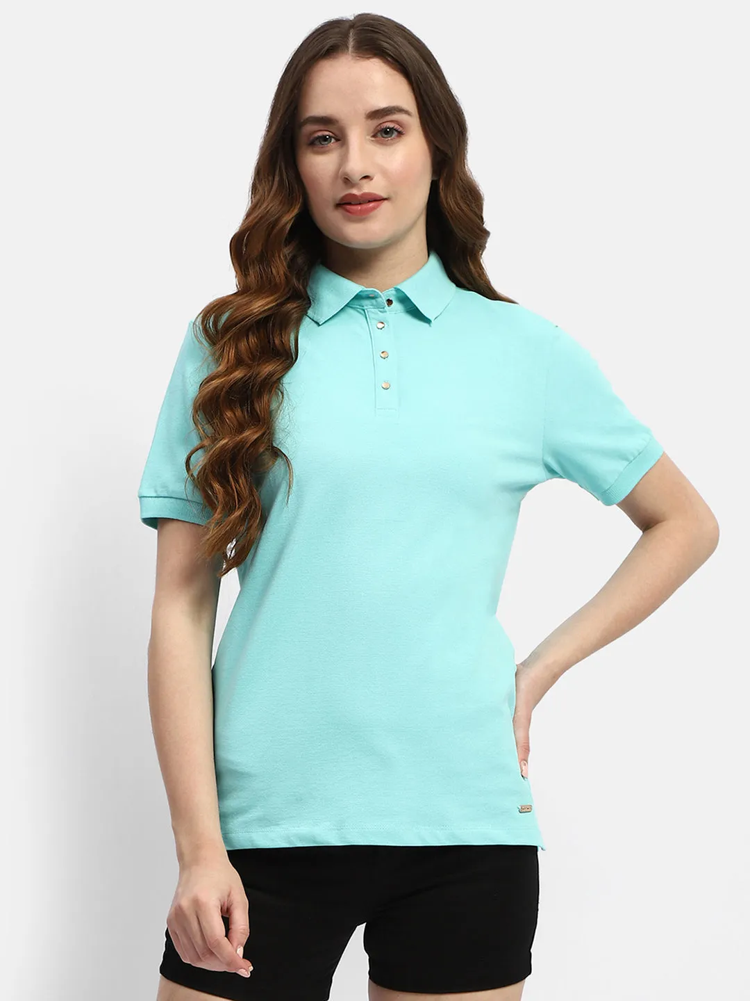 Madame Solid Aqua Blue Polo Neck T-Shirt Soft Touch Texture