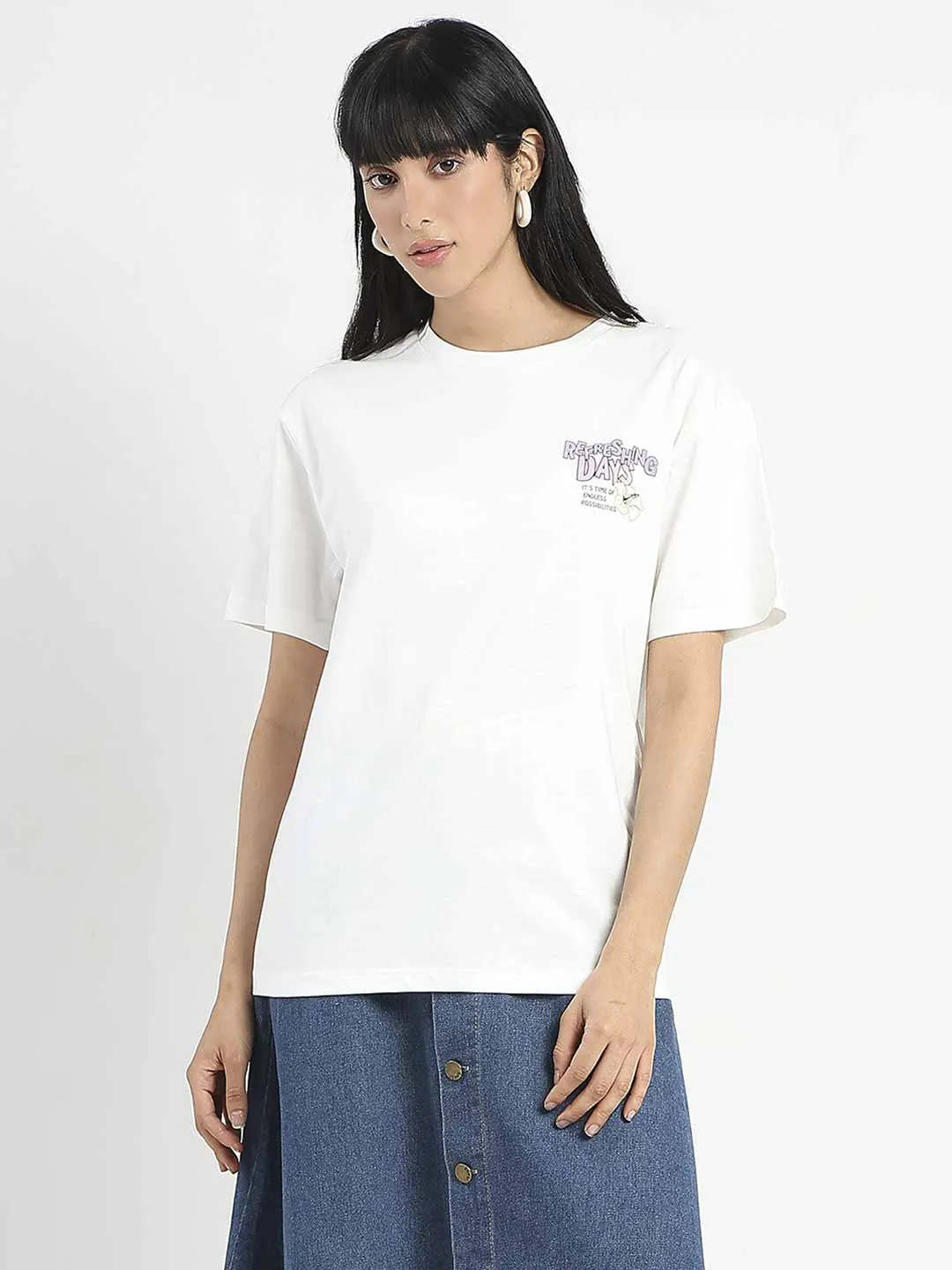 Sophisticated Casual Madame Graphic Printed Round Neck White Sinker T-Shirt