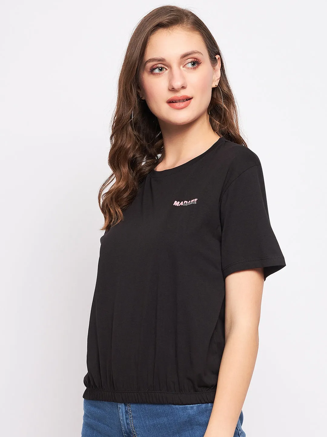 Heroine Glow Fashion Footwear Madame Solid Black Elasticated Waist Top
