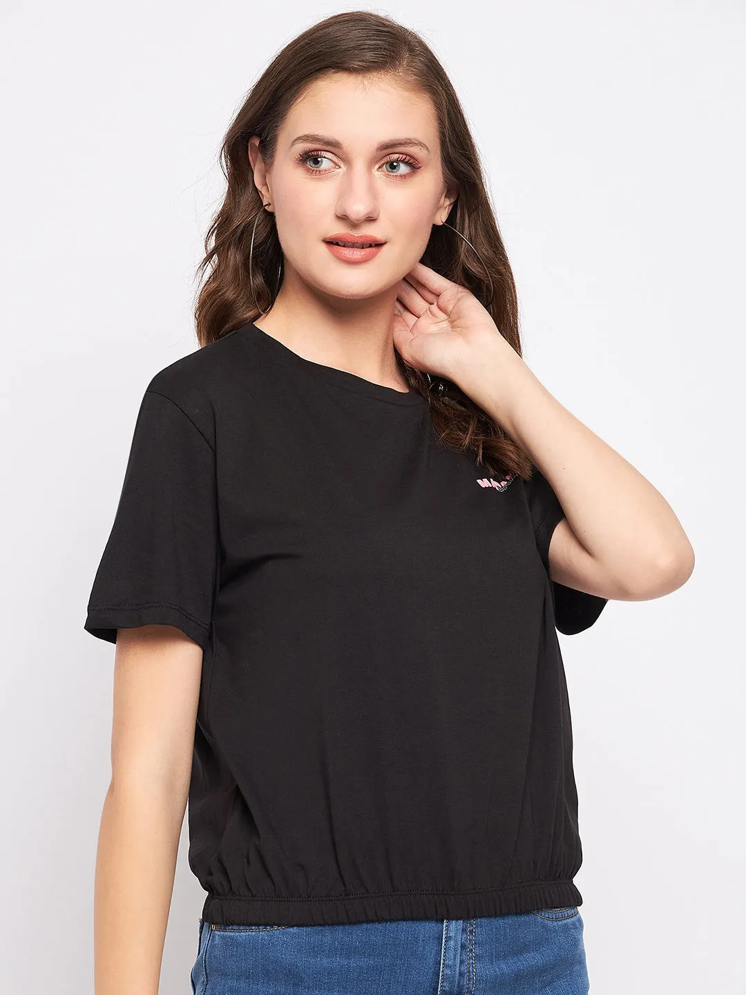 Madame Solid Black Elasticated Waist Top Vacation Mood