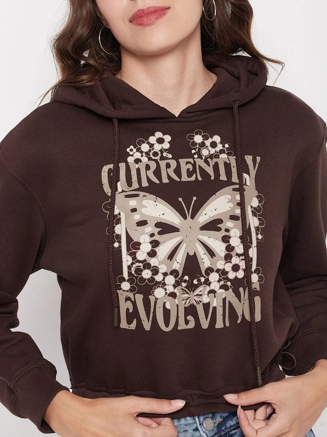 Madame Printed Coffee Brown Crop Sweatshirt fuzzy texture Daily Chic