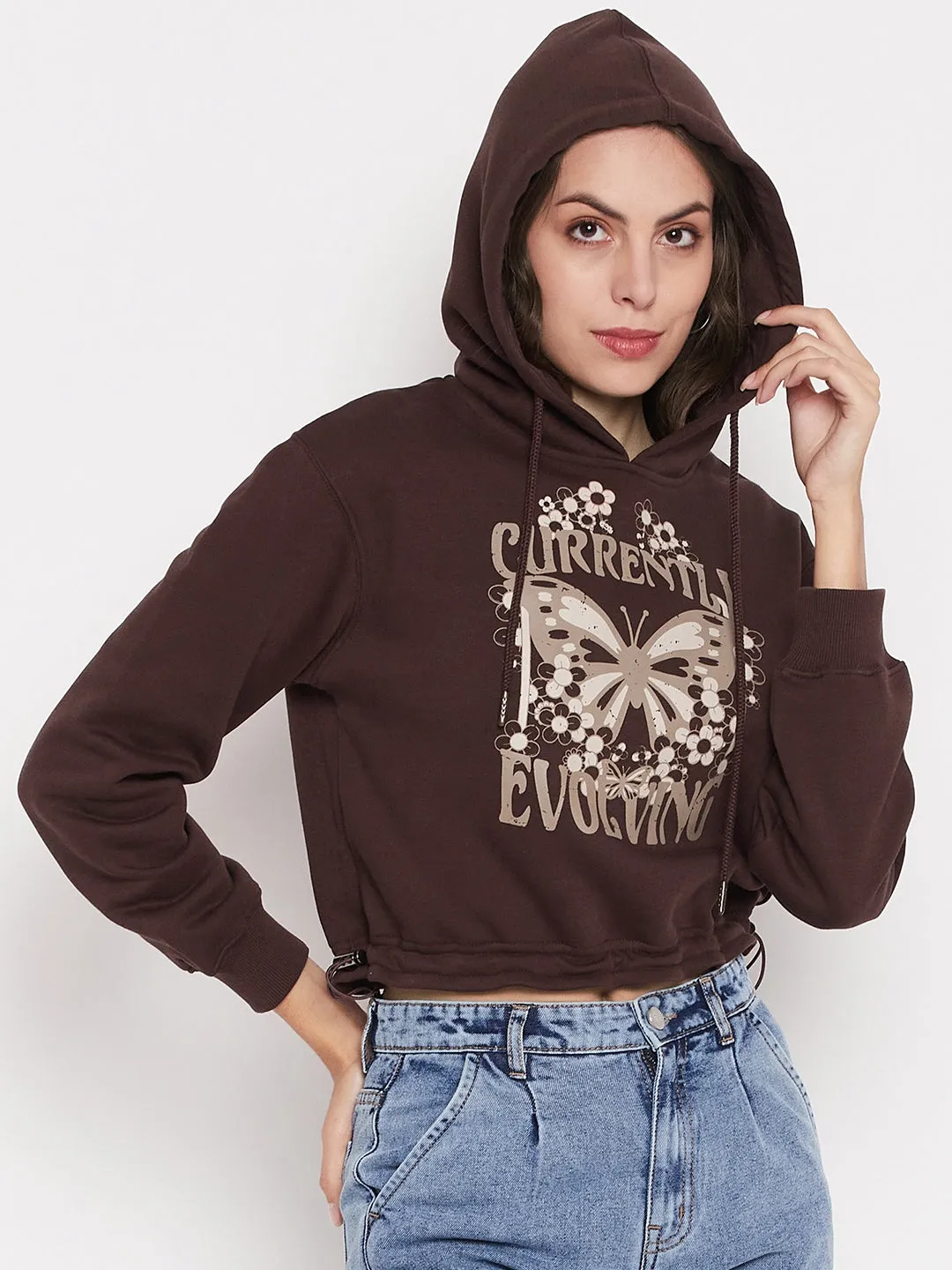 Madame Printed Coffee Brown Crop Sweatshirt Outdoor Layering Sporty Wearable