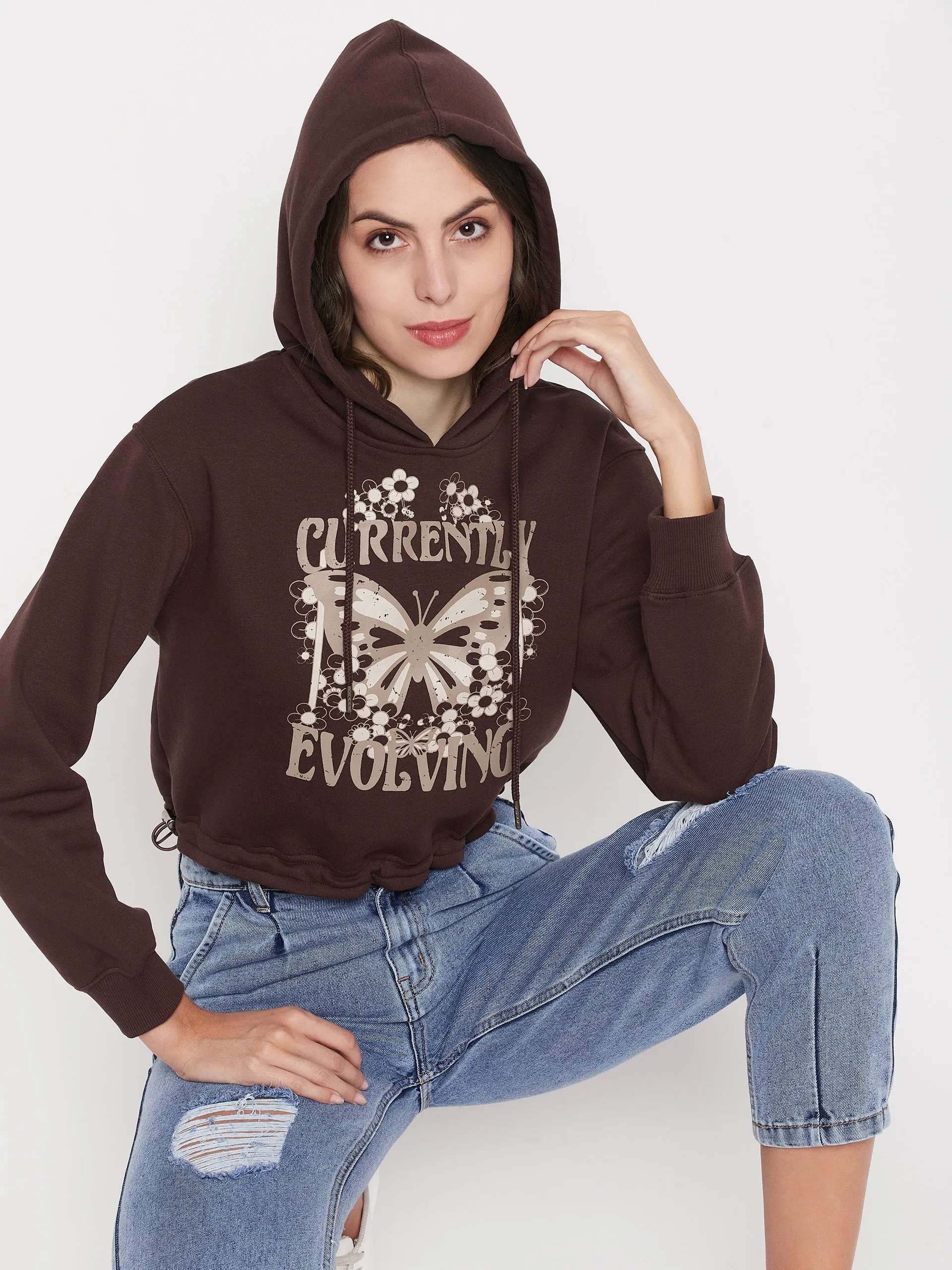 product home friendliness High End Madame Printed Coffee Brown Crop Sweatshirt