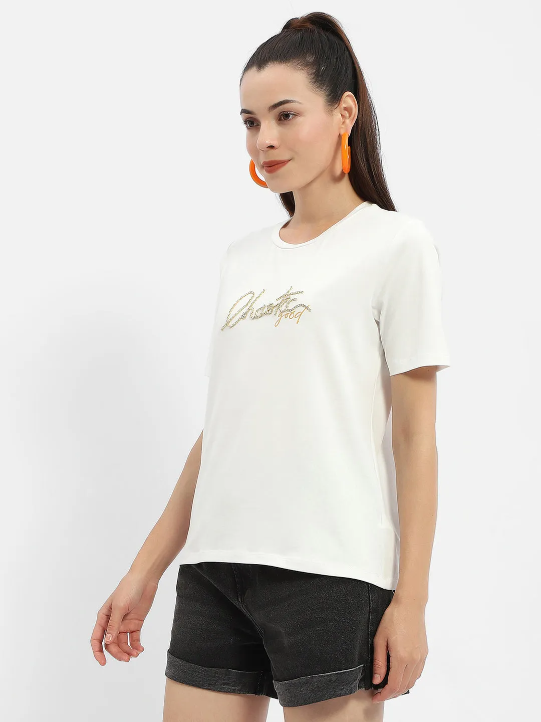 GarmentDyedTexture Anti Static Treatment Madame Typography White Crew Neck T-Shirt