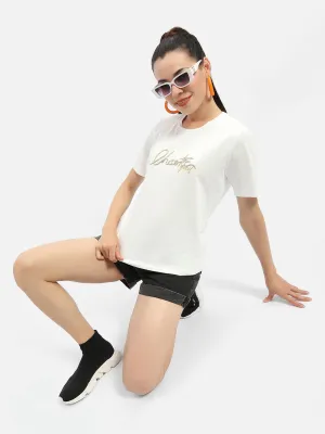 Glossy Look Eye-Catching Madame Typography White Crew Neck T-Shirt