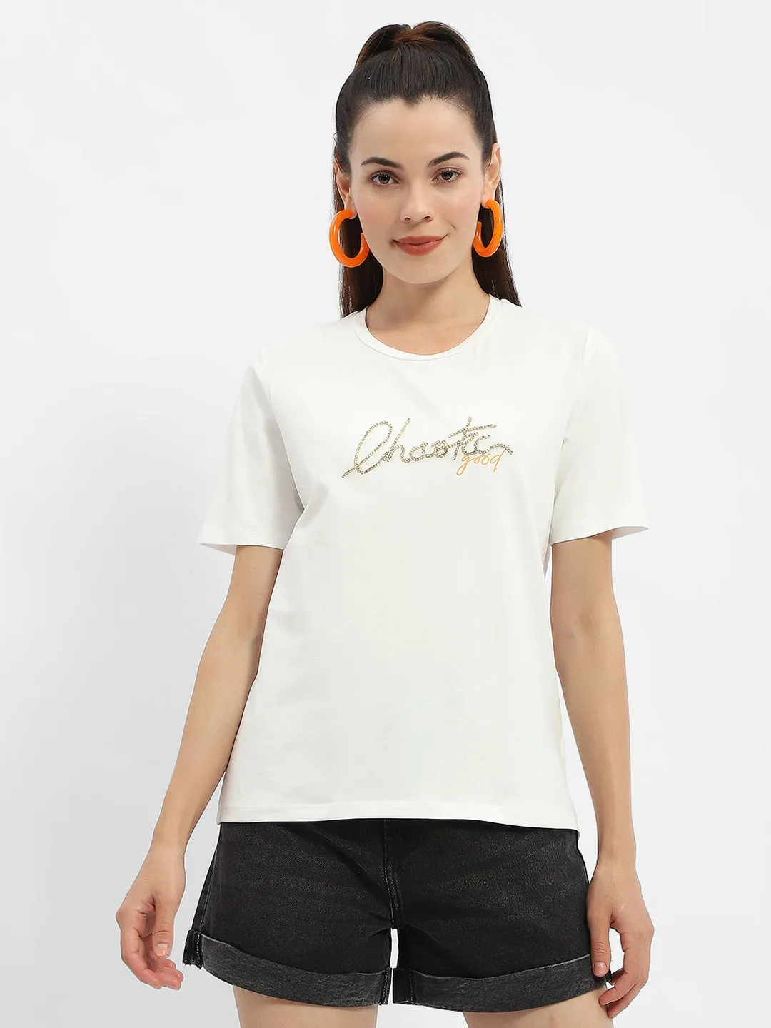Madame Typography White Crew Neck T-Shirt Plus Size Moisture wicking