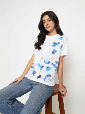 SoftenedTexturedWeave Madame Abstract Print Half Sleeve White Cotton T-shirt
