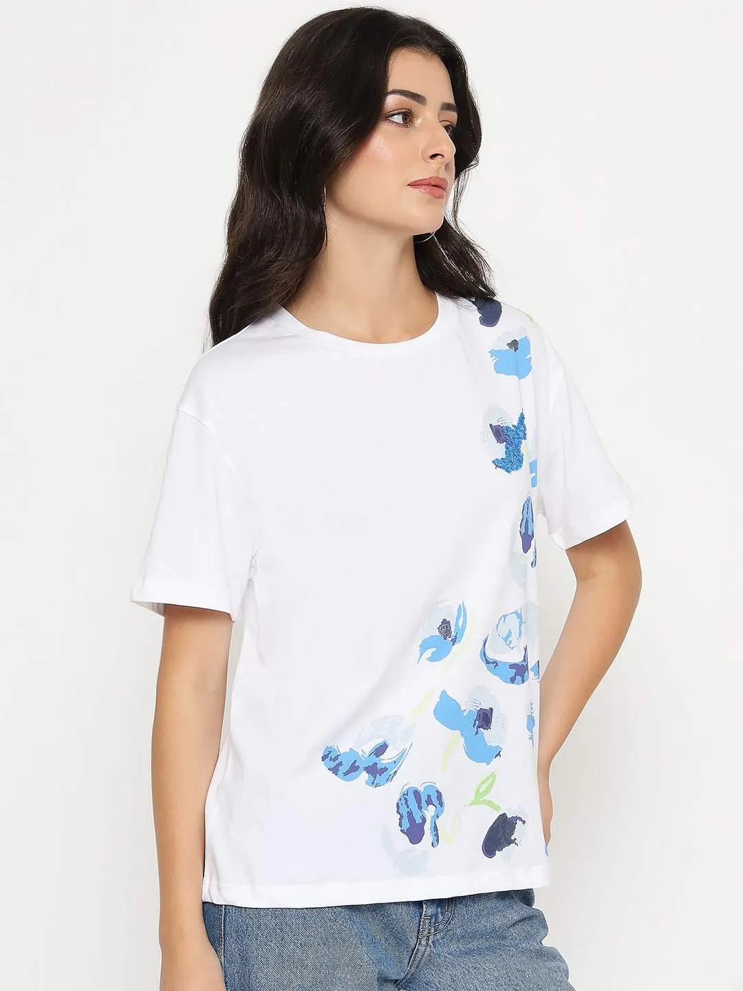 Madame Abstract Print Half Sleeve White Cotton T-shirt Stretchable Weave Active Style Trend